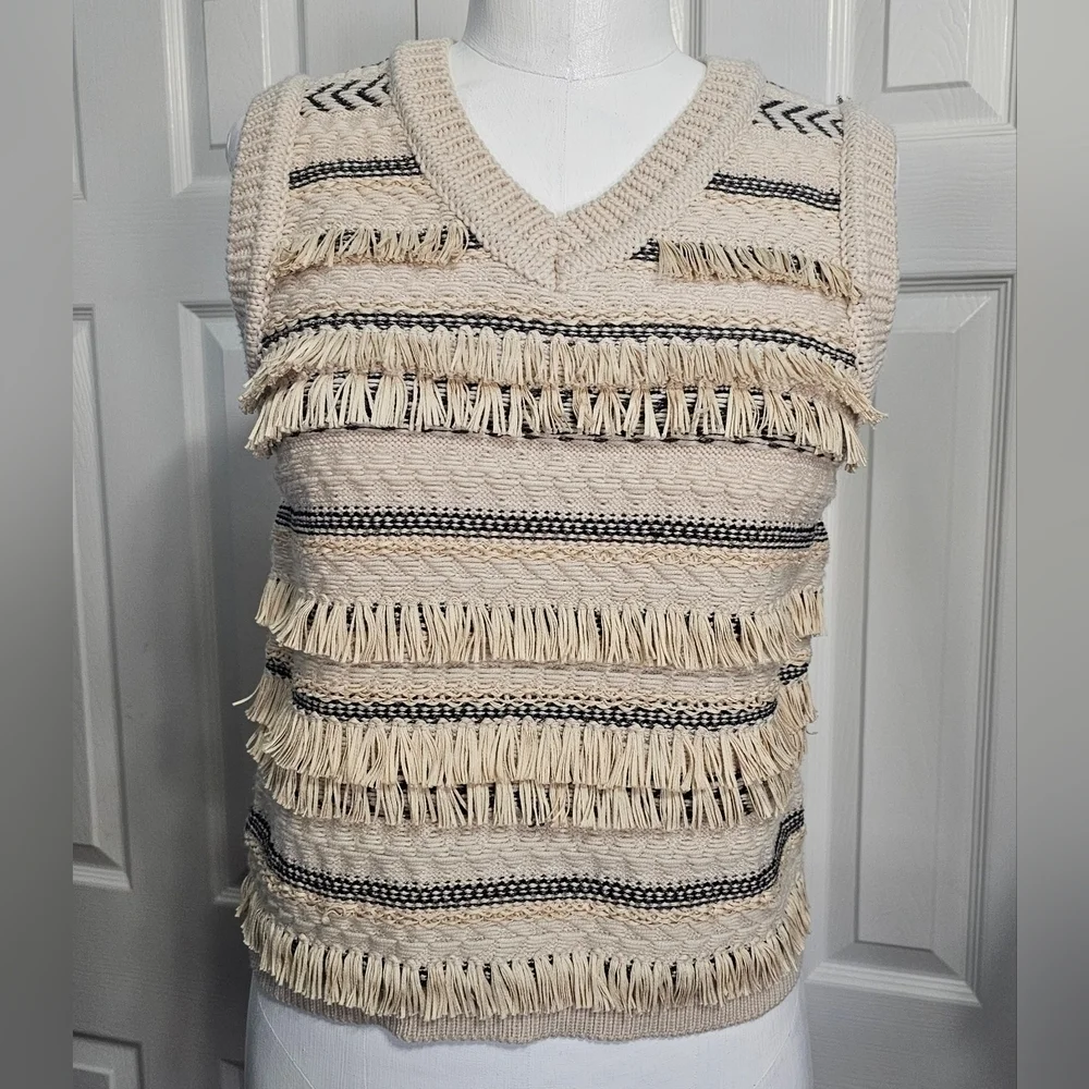 Tory Burch Women's Jacquard Cream Fringe Wool Preppy Clueless Sweater Vest Sz S